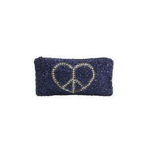 Moyna Womens Beaded Heart Peace Sign Motif Zippered Pouch Dark Blue